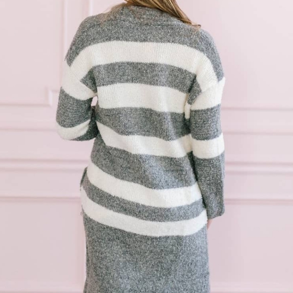 GRAY WITH IVORY STRIPES CARDIGAN - Picture 2 of 5
